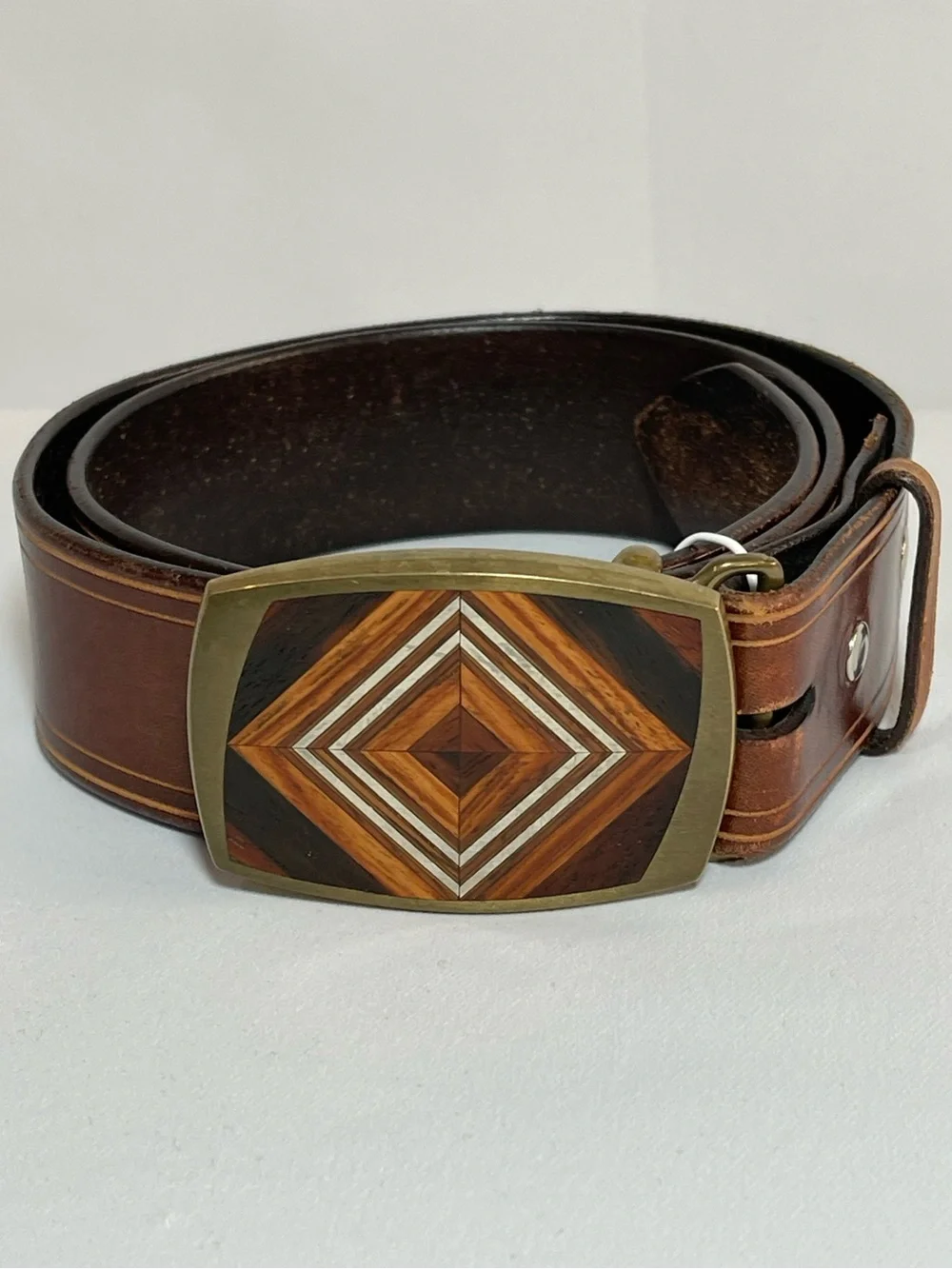 Vintage James Jones Leather Belt Wood Inlay Marquetry Geometric Buckle